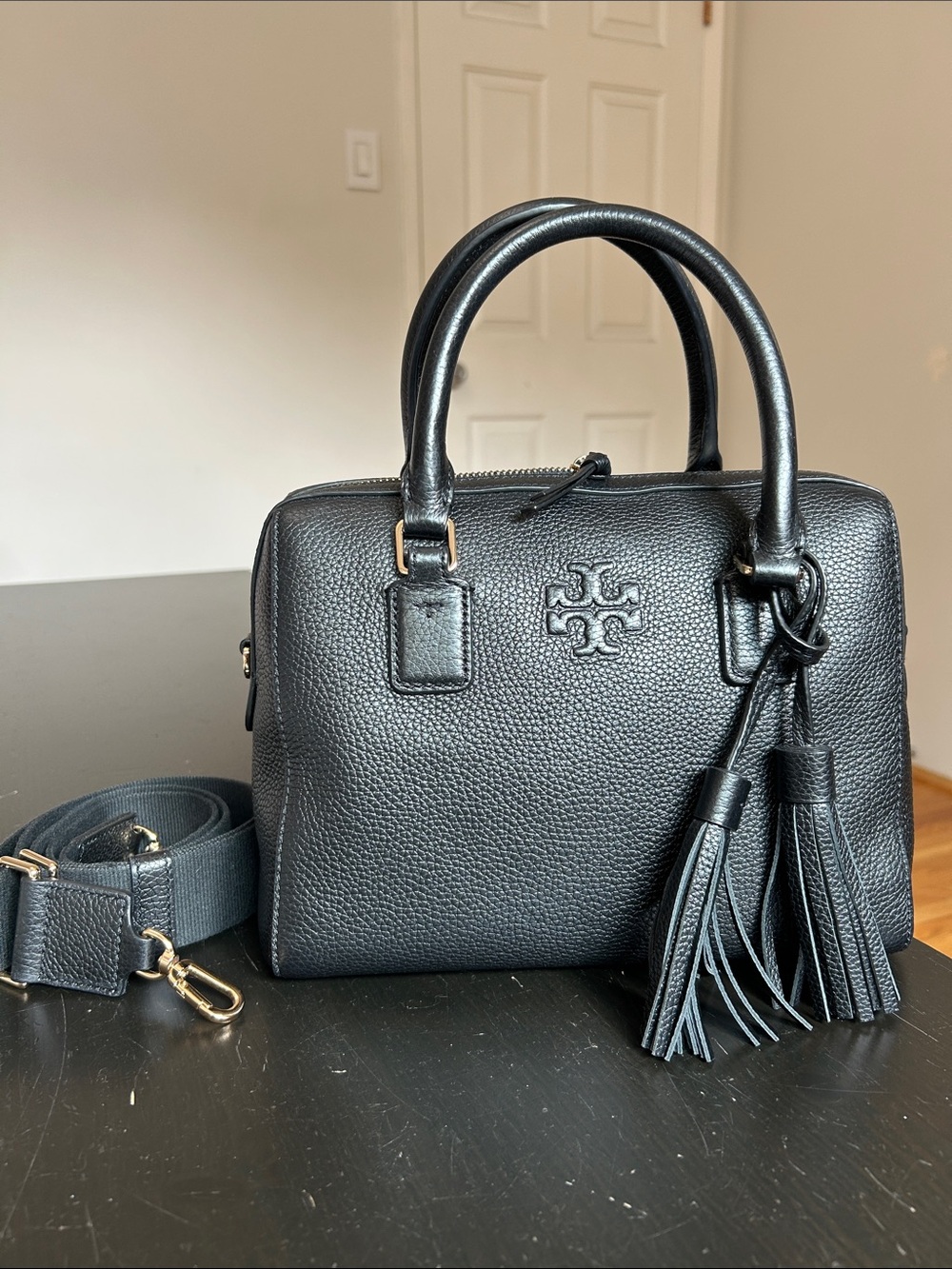 Tory Burch Thea Small Black Pebbled Leather Satchel Bag with removable strap